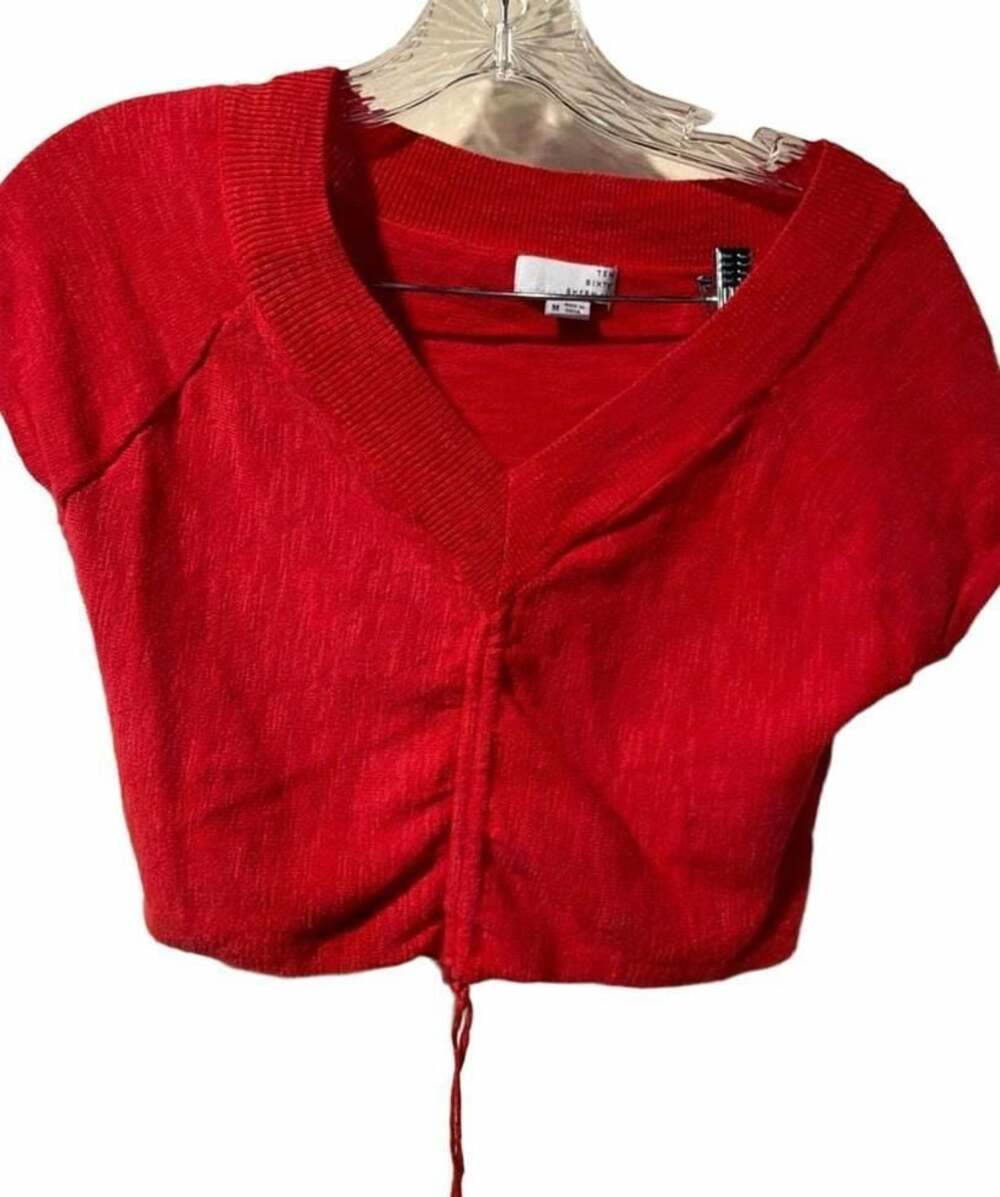 Ten Sixty Sherman Red Knit V-Neck Crop Top with Drawstring Front Size M